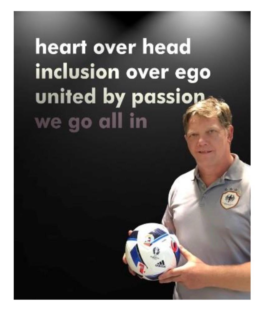 Franco Radewaldt in a football and community setting with values statement in the background
