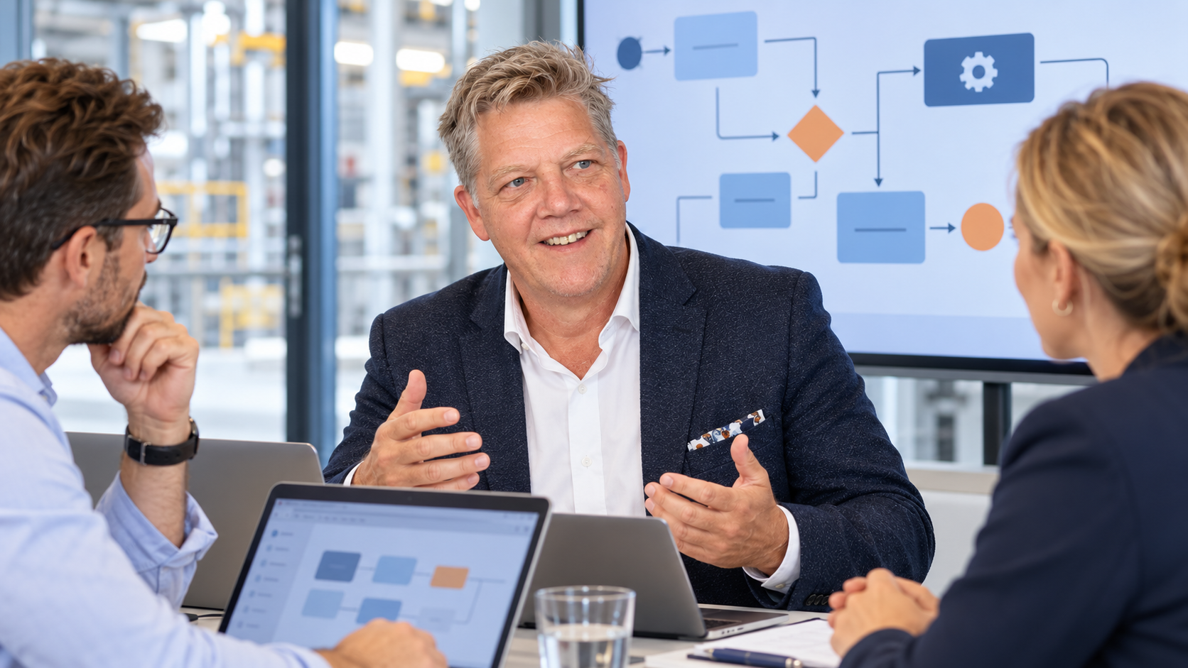 Digitally illustrated scene with Franco Radewaldt discussing digital process development