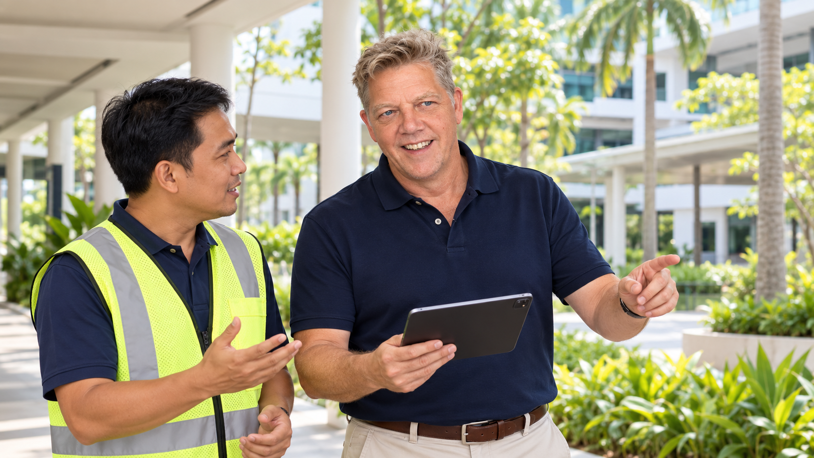 Digitally illustrated scene with Franco Radewaldt in tropical campus facilities operations; generic campus